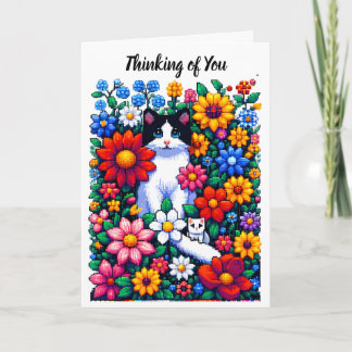 Carte Chats et fleurs en pixel art qui pensent à vous