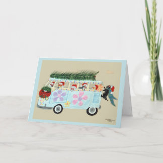 Carte Chats fous dans leur van hippie de Noël