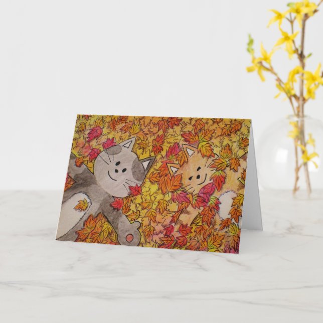 Carte Chats mignons dans des feuilles d'automne, Hallowe (Fleur jaune)