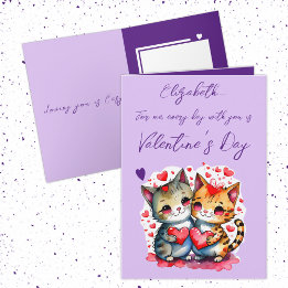 Carte Chats mignons nom personnalisé violet Saint-Valent