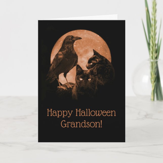 Carte Chats noirs et corbeau Grandson Halloween (Devant)