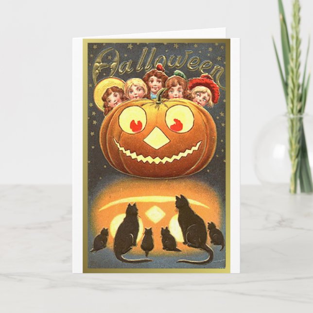 Carte Chats regarder les enfants et Citrouille Halloween (Devant)