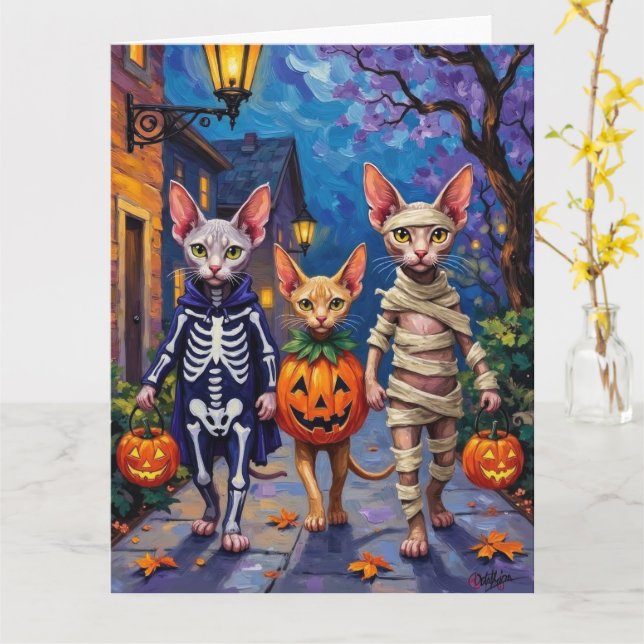 Carte Chats Sphynx faisant Trick-or-Treating en costume  (Fleur jaune)