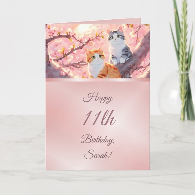 Carte Chats Sur Un Cerisier Fleurs Arbre Filles Annivers (Devant)