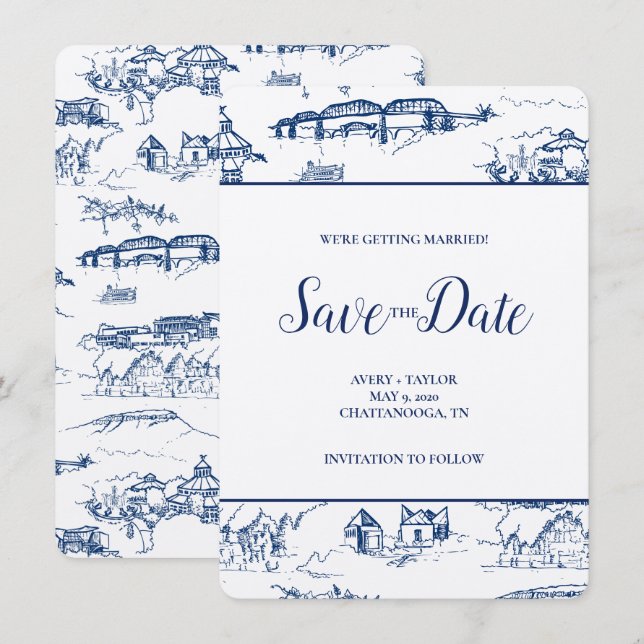 Carte Chattanooga Toile Marine et Blanc Sauvez la date (Devant / Derrière)