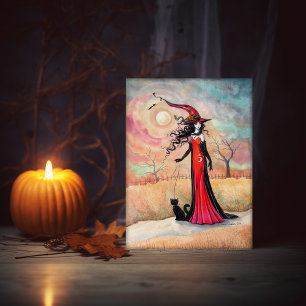 Carte Chatte Sorcière de Promenade d'Automne Art d'Hallo