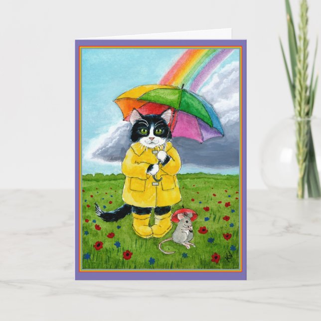 Carte Chatte tuxedo, souris, arc-en-ciel, parapluie anni (Devant)