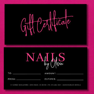 Carte Chaud Rose Black Nail Salon Logo Certificats cadea