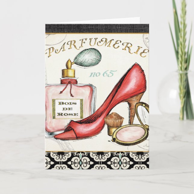 Carte Chaussure rouge, Bouteille de parfum et Poudre rou (Devant)