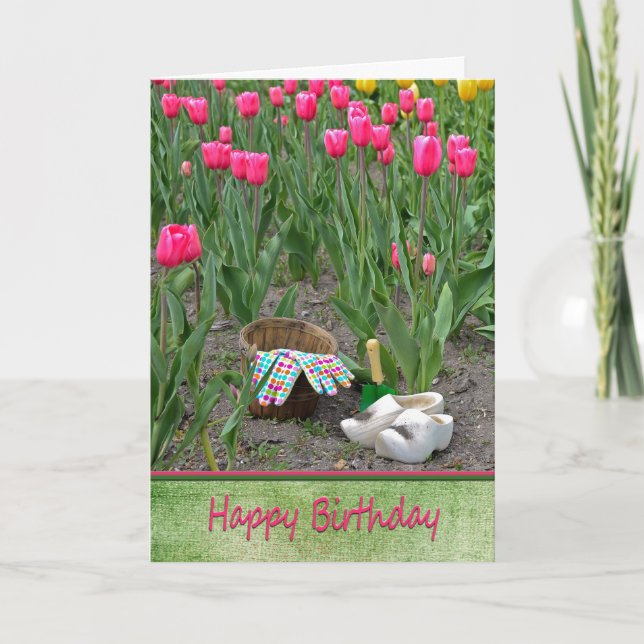 Carte Chaussures en bois avec tulipes d'anniversaire (Devant)