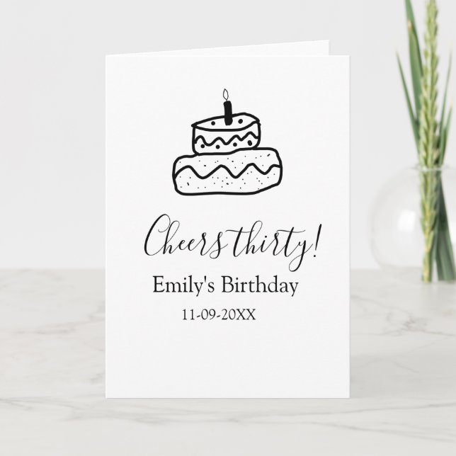 Carte Cheers thirty birthday cake black scribble hand (Devant)