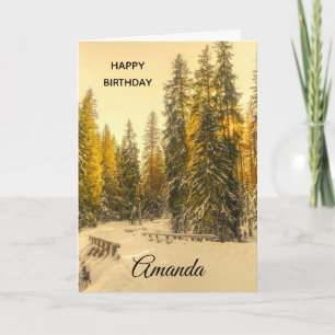 Carte Chemin hivernal enneigé avec des pins d'anniversai