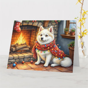 Carte Cheminée American Eskimo avec lumières de Noël