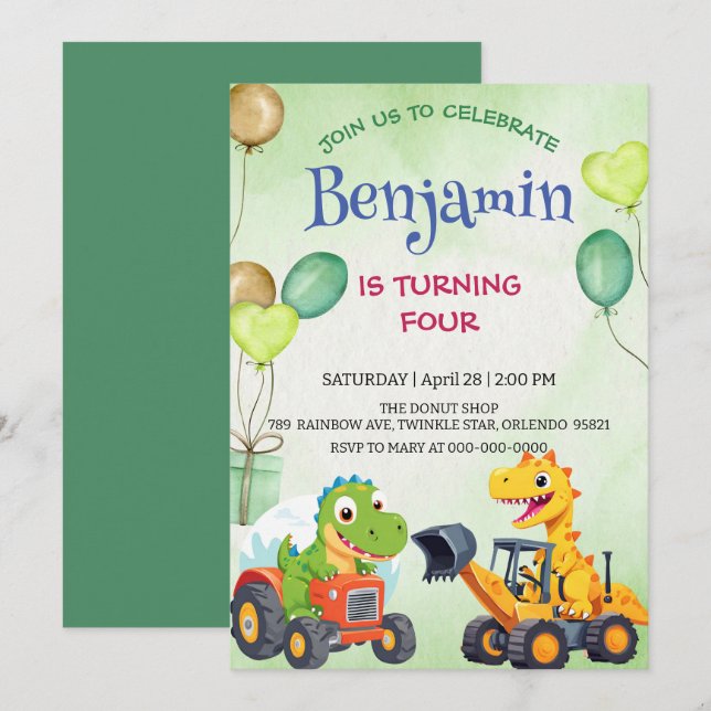 Carte Cher dinosaure de construction ballon de camion de (Devant / Derrière)