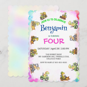 Carte Cher Dinosaure tracteur Rainbow B2S School Anniver