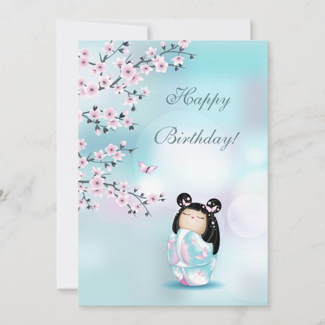 Carte Cherry Blossom Kokeshi Doll Anniversaire (Devant)
