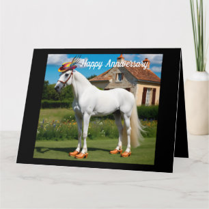 Carte Cheval arabe blanc portant un chapeau et des sabot