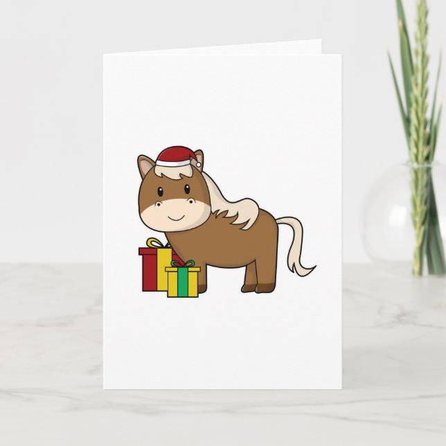 Carte Cheval avec chapeau de Père Noël et cadeaux (Devant)