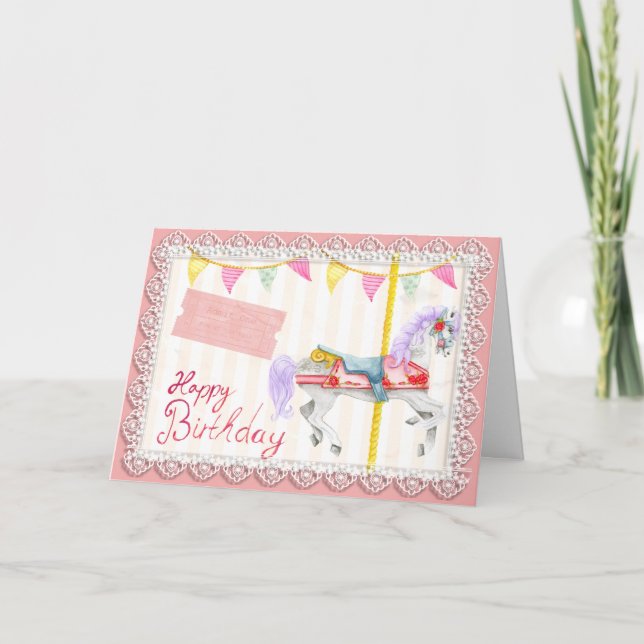 Carte Cheval de carrousel (rose) Anniversaire (Devant)