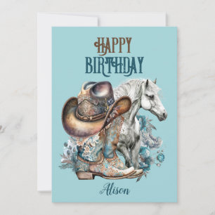 Carte Cheval de fille cheval floral western bleu Anniver