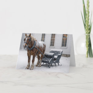Carte Cheval de Noël attelé à un traîneau près d'une cha