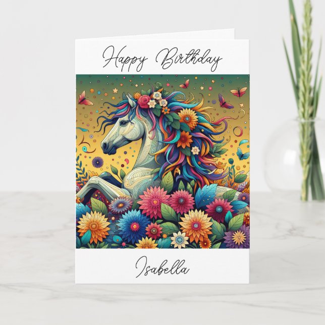 Carte Cheval et Fleurs Whimsical Personnalisé Anniversai (Devant)