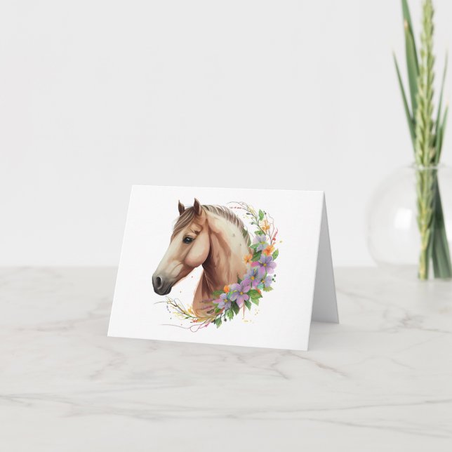 Carte Cheval fantaisie avec Fleurs BLANC (Devant)