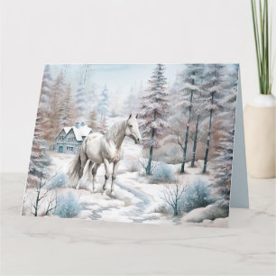 Carte Cheval hiver scène neige forêt Noël