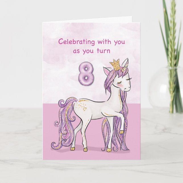 Carte Cheval Rose Avec Couronne Pour 8ème Anniversaire (Devant)