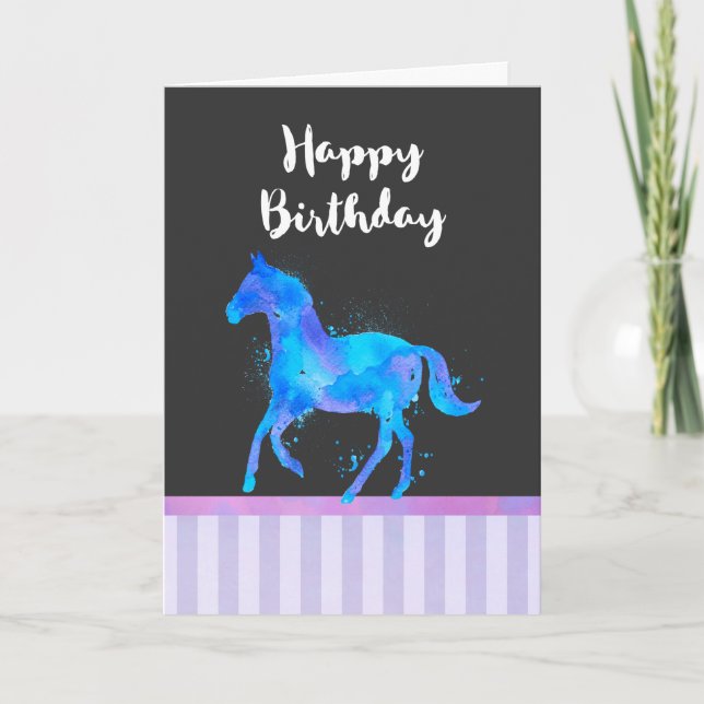 Carte Cheval sauvage en Aquarelle bleu et violet (Devant)