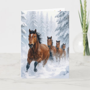 Carte Chevaux de Noël courant à travers une forêt enneig