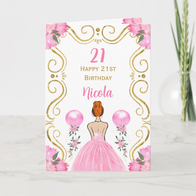 Carte Cheveux rouges Princesse Rose Joyeux anniversaire (Devant)