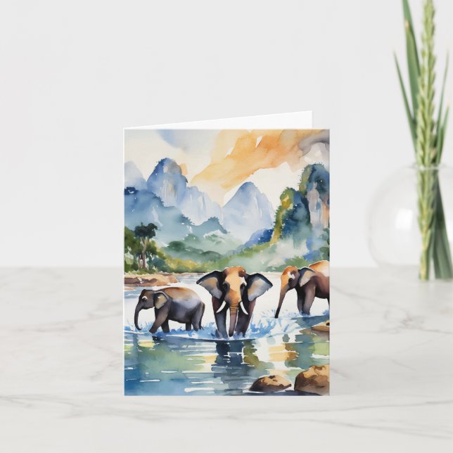Carte Chiang Mai Elephants Thaïlande Aquarelle (Devant)