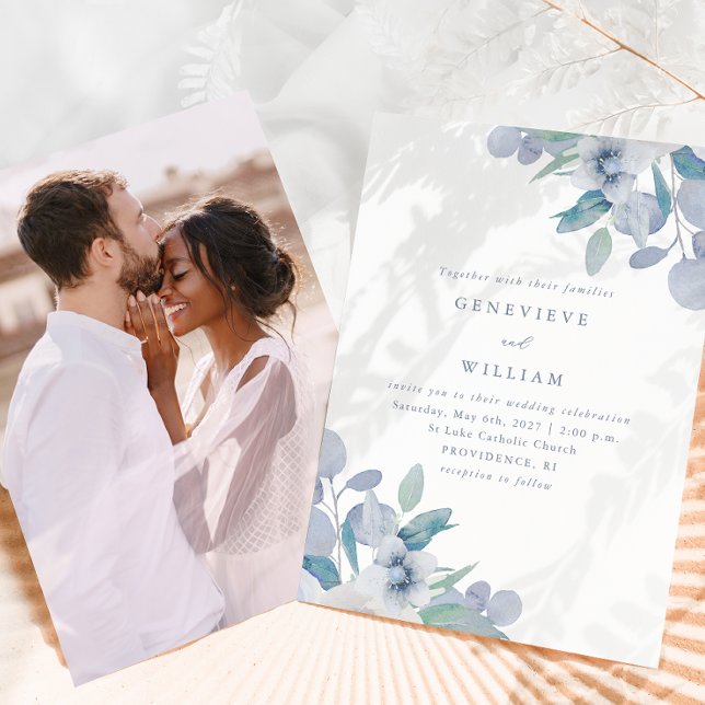 Carte Chic Airy Blue Floral Bouquet Photo Mariage (Créateur téléchargé)