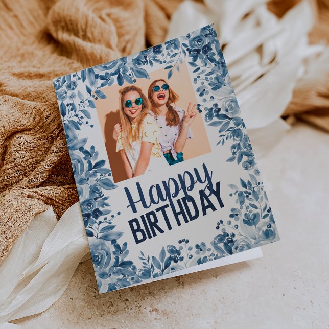 Carte Chic bleu marine floral heureux anniversaire photo (Créateur téléchargé)