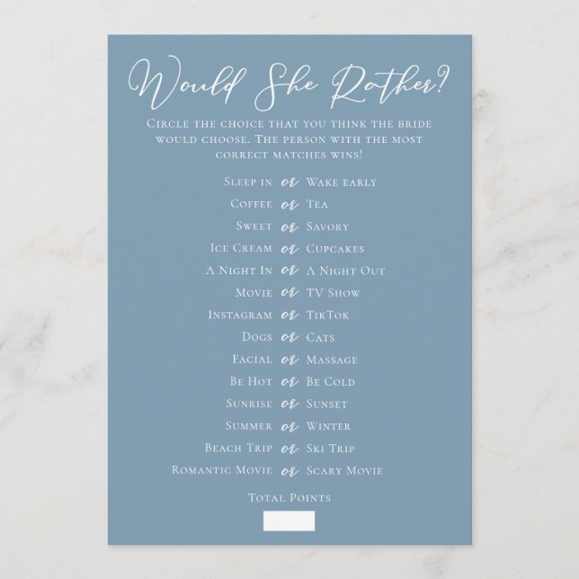 Carte Chic Blue Downloadable Bridal Shower Guess Game (Devant)