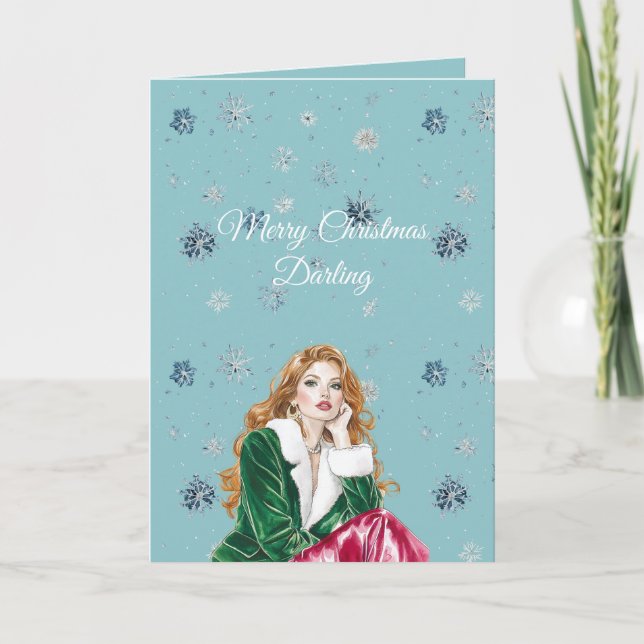 Carte Chic Blue Snowflakes Red Head Female (Devant)