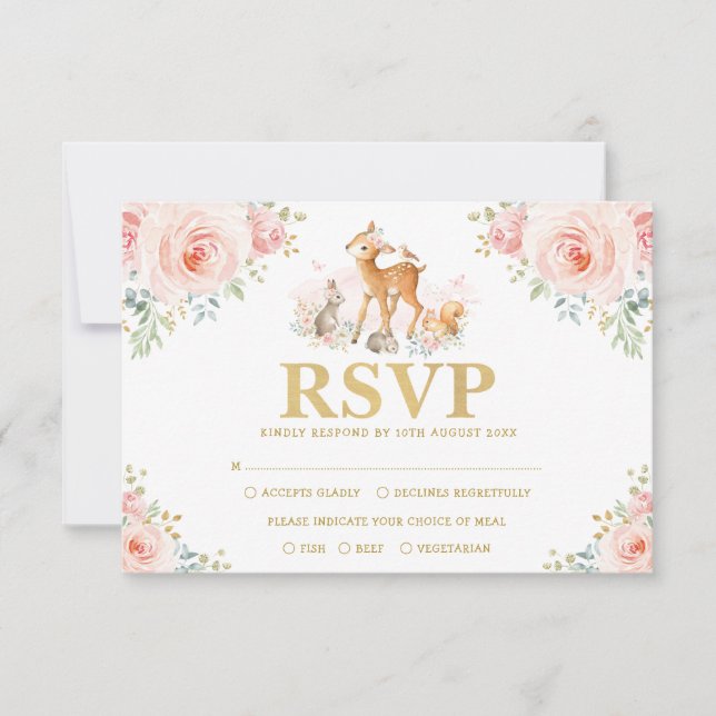 Carte Chic Blush Gold Woodland Floral Bébé Animaux RSVP (Devant)