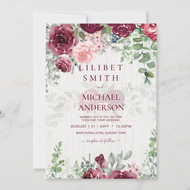 Carte Chic Bourgogne Blush Rose Floral Mariage (Devant)