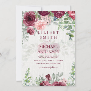 Carte Chic Bourgogne Blush Rose Floral Mariage