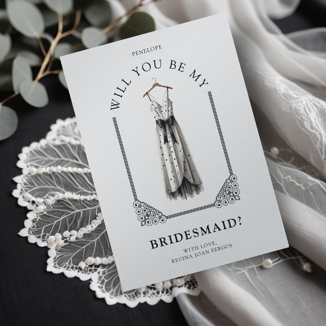 Carte Chic Bridesmaid Black Polka Dots Ornate Dome (Luxurious Black & White Polka Dots Bridesmaid Dress on an Ornate Dome Effect Bridesmaid Proposal.)