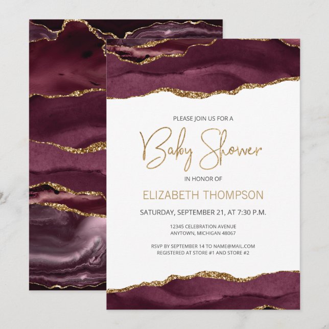 Carte Chic Burgundy Gold Agate Baby shower géographique (Devant / Derrière)
