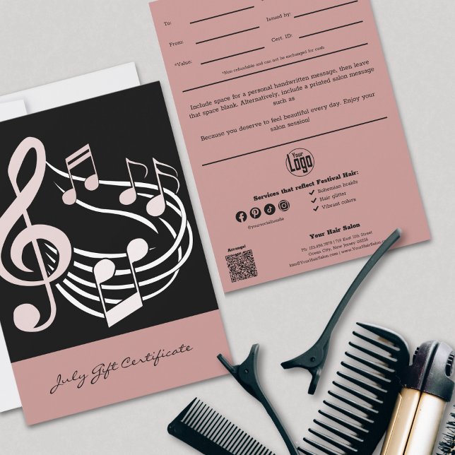 Carte Chic coiffeur rose juillet certificat cadeau (Chic Hairstylist Pink July Gift Certificate, Logo, QR Code, Professional Tracking)