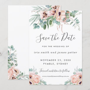 Carte Chic de Faire-Part Rose Pâle Floral et Feuil