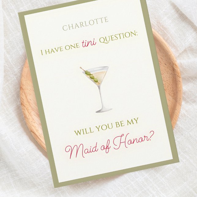 Carte Chic Dirty Martini-Thème Maid of Honor Proposition (Martini-themed Maid of Honor proposal card - chic, fun, and customizable for your bridal party needs)