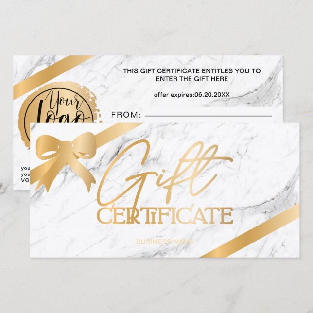Carte Chic en feuille d'or ruban logo logo cadeau certif (Devant / Derrière)