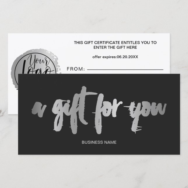 Carte Chic fausse feuille argent gris logo certificat ca (Devant / Derrière)