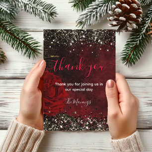 Carte Chic fleur rouge noir faux or parties scintillant