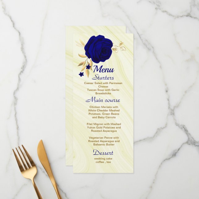 carte chic mariage à fleurs d'or bleu royal (Devant/Arrière en situation)