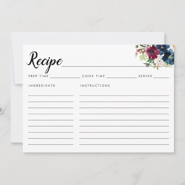 Carte Chic Navy Bleu Bourgogne Floral Aquarelle Recette (Devant)